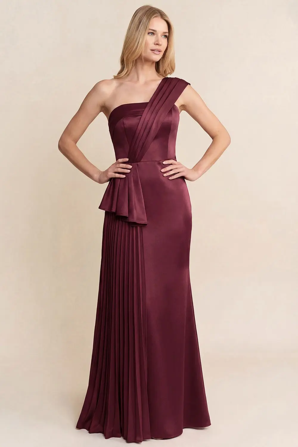 Wine One Shoulder Pleated Ruffle Maxi Dress (Talla L) thumbnail