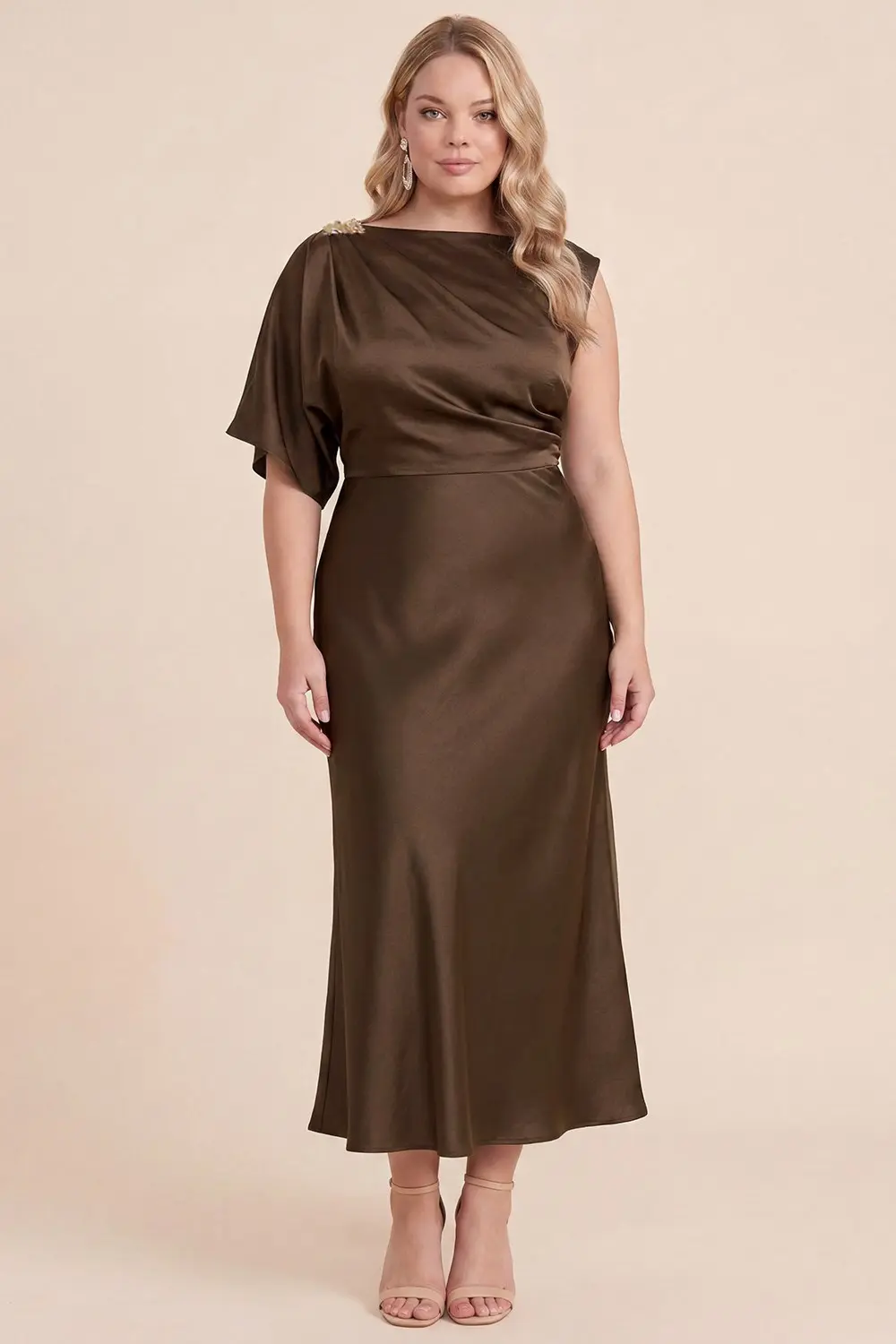 Brown Plus Size Satin Midi Dress (Talla 2XL)