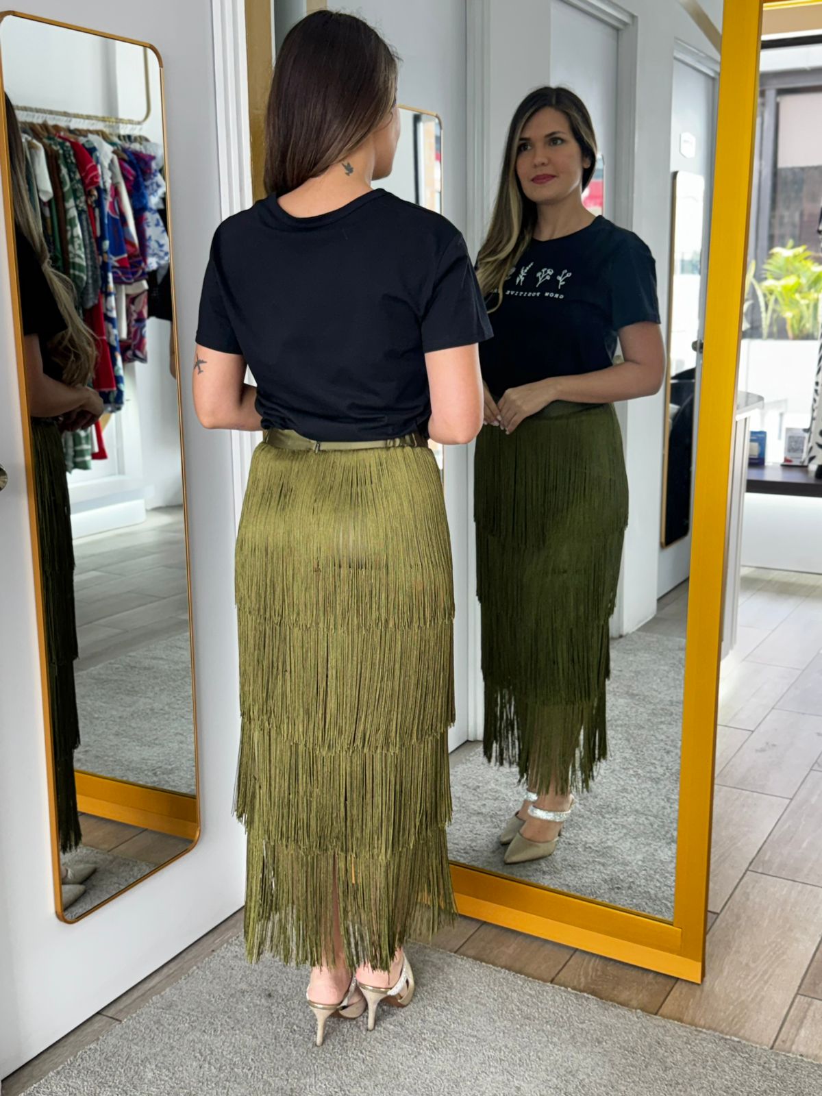 Olive Green Layered Tassel Midi Skirt (Talla M) thumbnail
