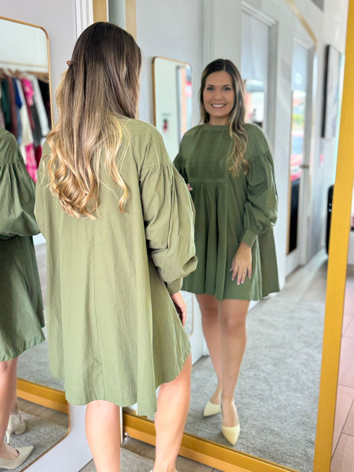 Olive Long Sleeve Mini Dress with Lace (Talla L) thumbnail