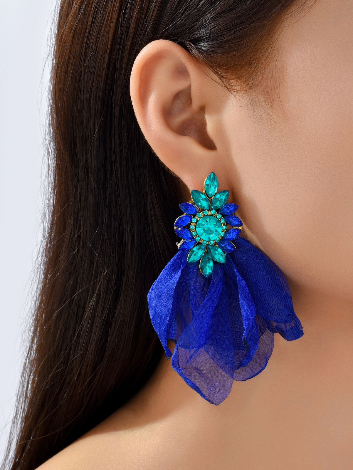 Blue Rhinestone & Flower Drop Earrings