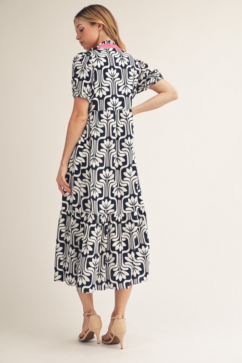 Navy Geo Floral Print Midi Dress (Talla S) thumbnail