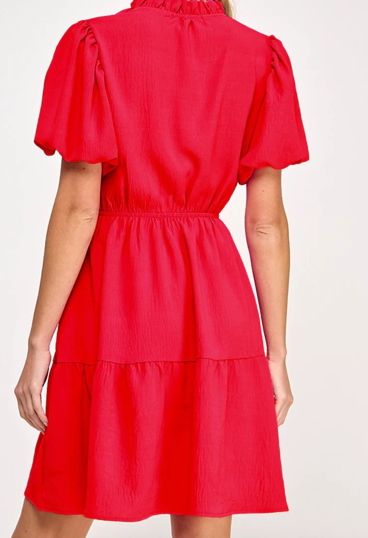 Red Solid Dress with Ruffled V Neck (Talla L) thumbnail