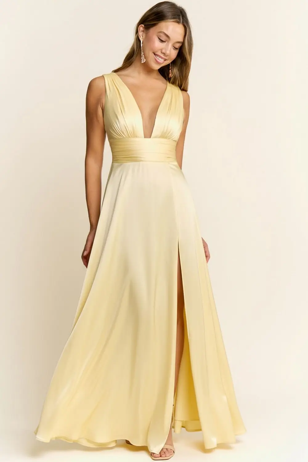Butter Yellow Elegant V-neck Maxi Dress (Talla L) thumbnail