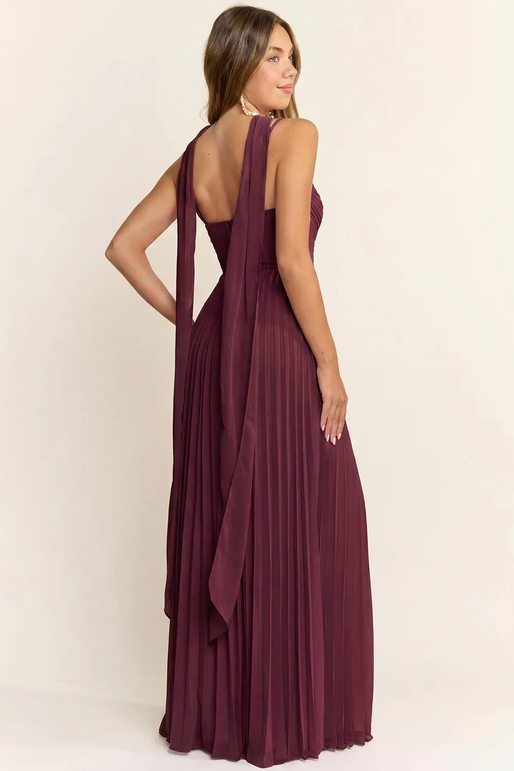 Wine Low Cut Waist Maxi Dress with Scarf (Talla L) thumbnail