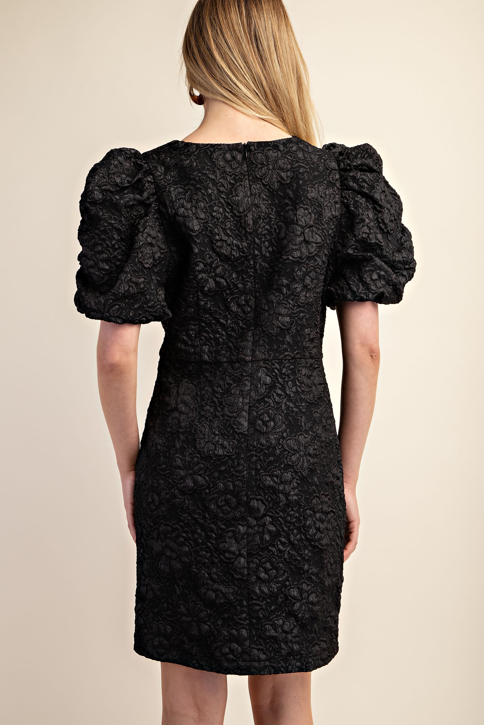 Black Jacquard Classic-Fit Mini Dress with Puff Sleeves (Talla L) thumbnail