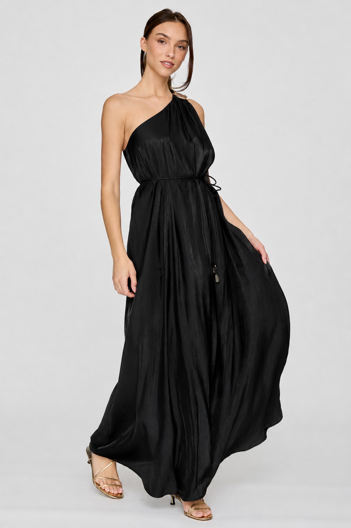 Black One Shoulder Metallic Trim Maxi Dress (Talla M) thumbnail