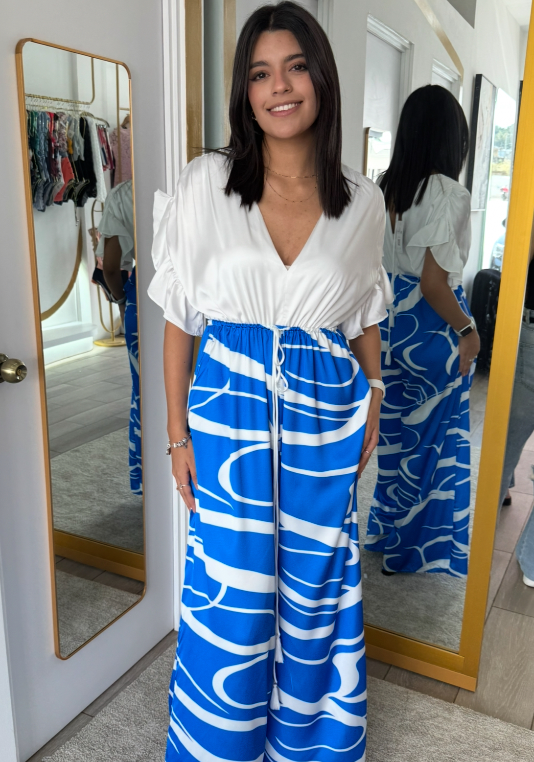 Blue Satin jumpsuit with ruffle sleeves (Talla M) thumbnail