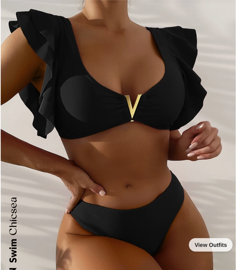 Black Ruffle Trim V Wired Bikini Swimsuit (Talla M)