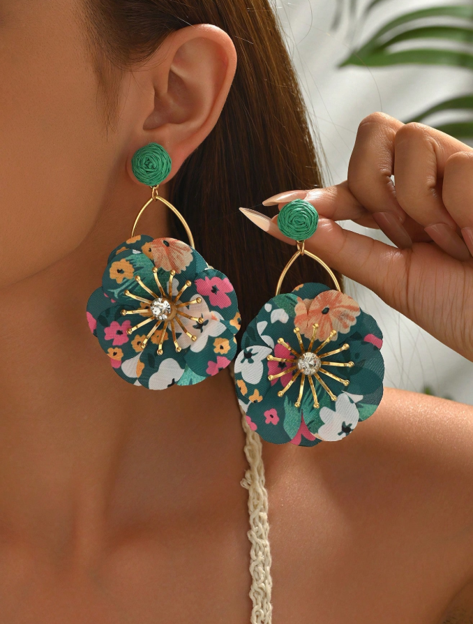 Dark Green Rattan Fabric Flower Tassel Earrings