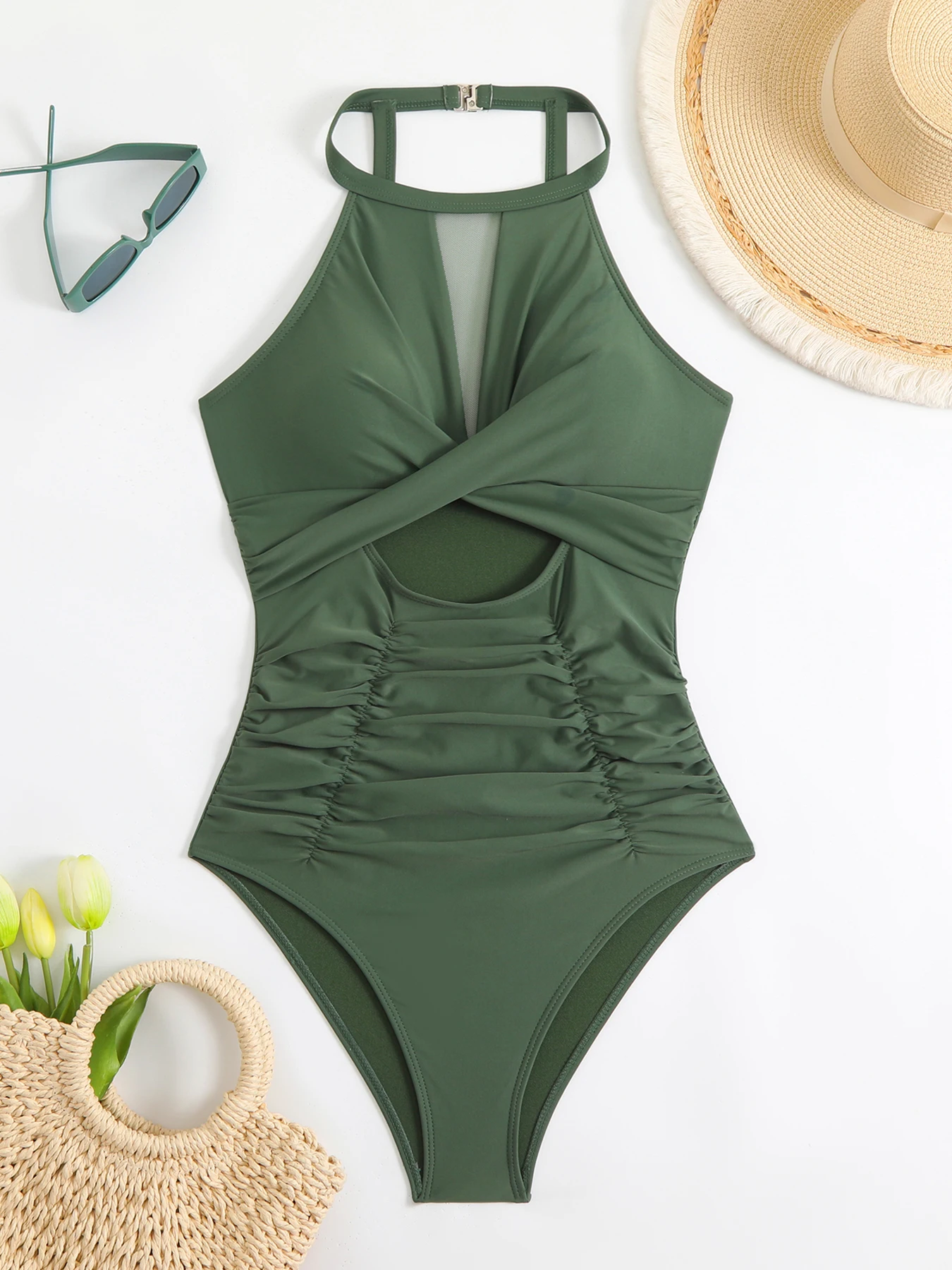 Green Mesh Patchwork One Piece Swimsuit (Talla M) thumbnail
