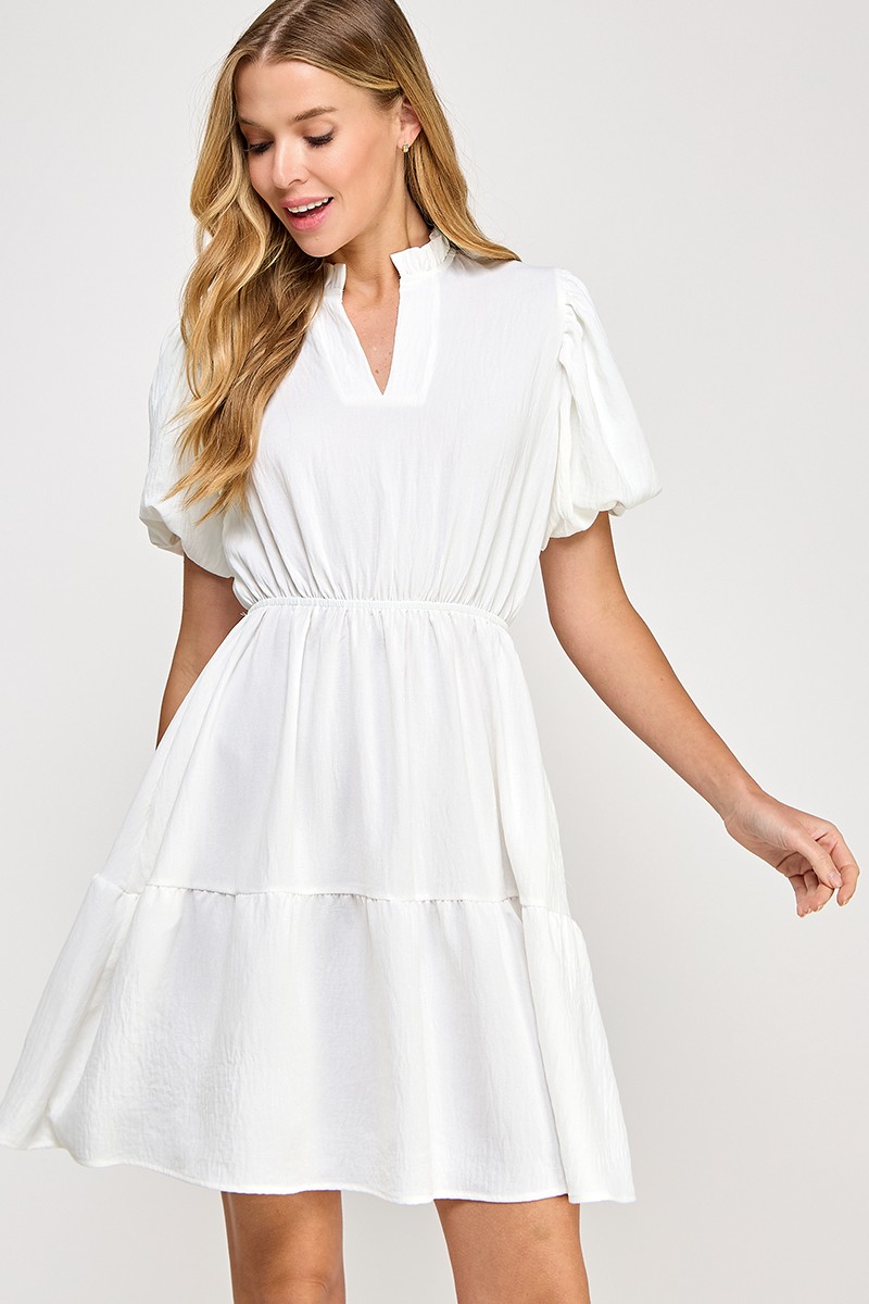 White Solid tiered dress Ruffled neckline V neck (Talla S) thumbnail