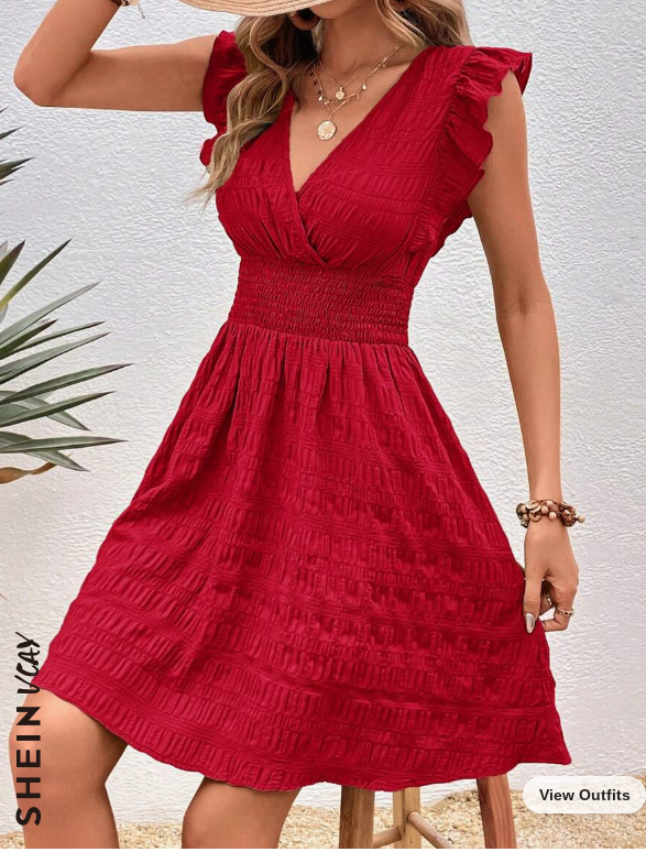 Red Ruffle Trim Surplice Neck A-line Dress (Talla S) thumbnail