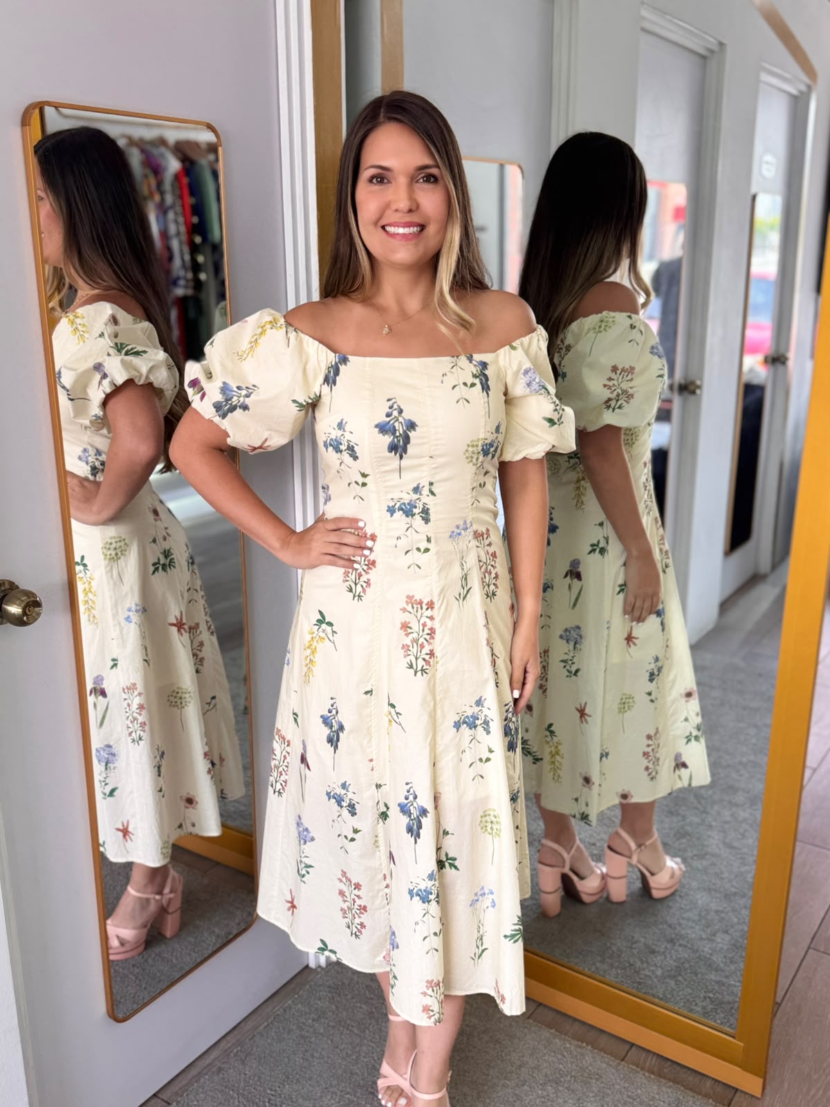 Ivory Bubble Sleeve Midi Dress (Talla M)