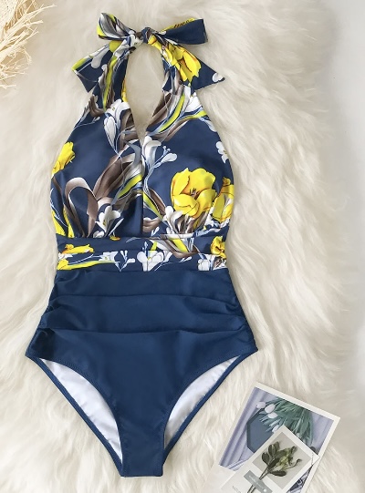 Blue Deep V-neck Halter One-Piece Swimsuit (Talla M) thumbnail