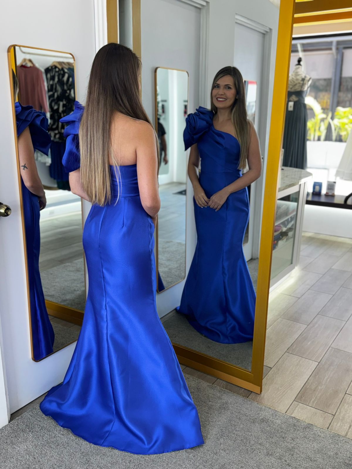 Blue One-shoulder Satin Evening Maxi Dress (Talla S) thumbnail