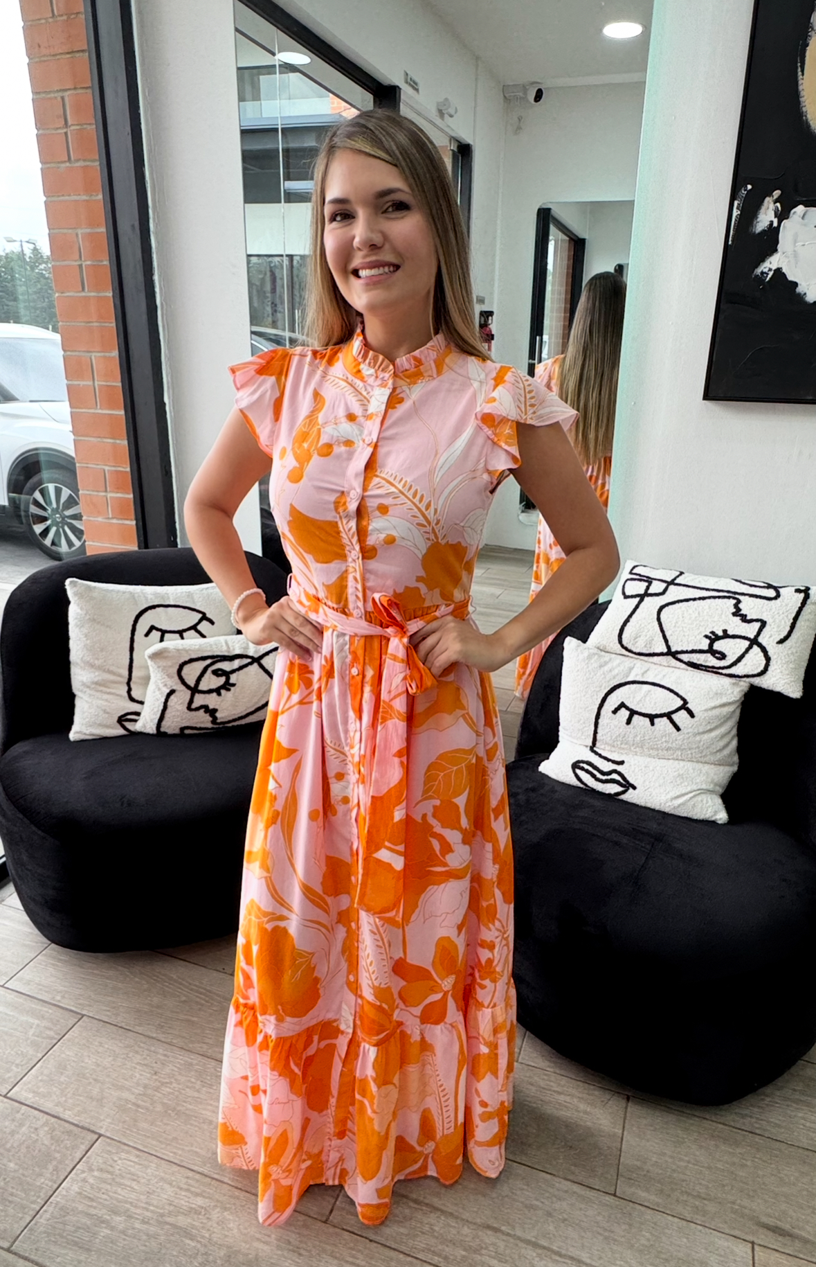 Lenira Pink Orange Button Down Maxi Dress (Talla S)