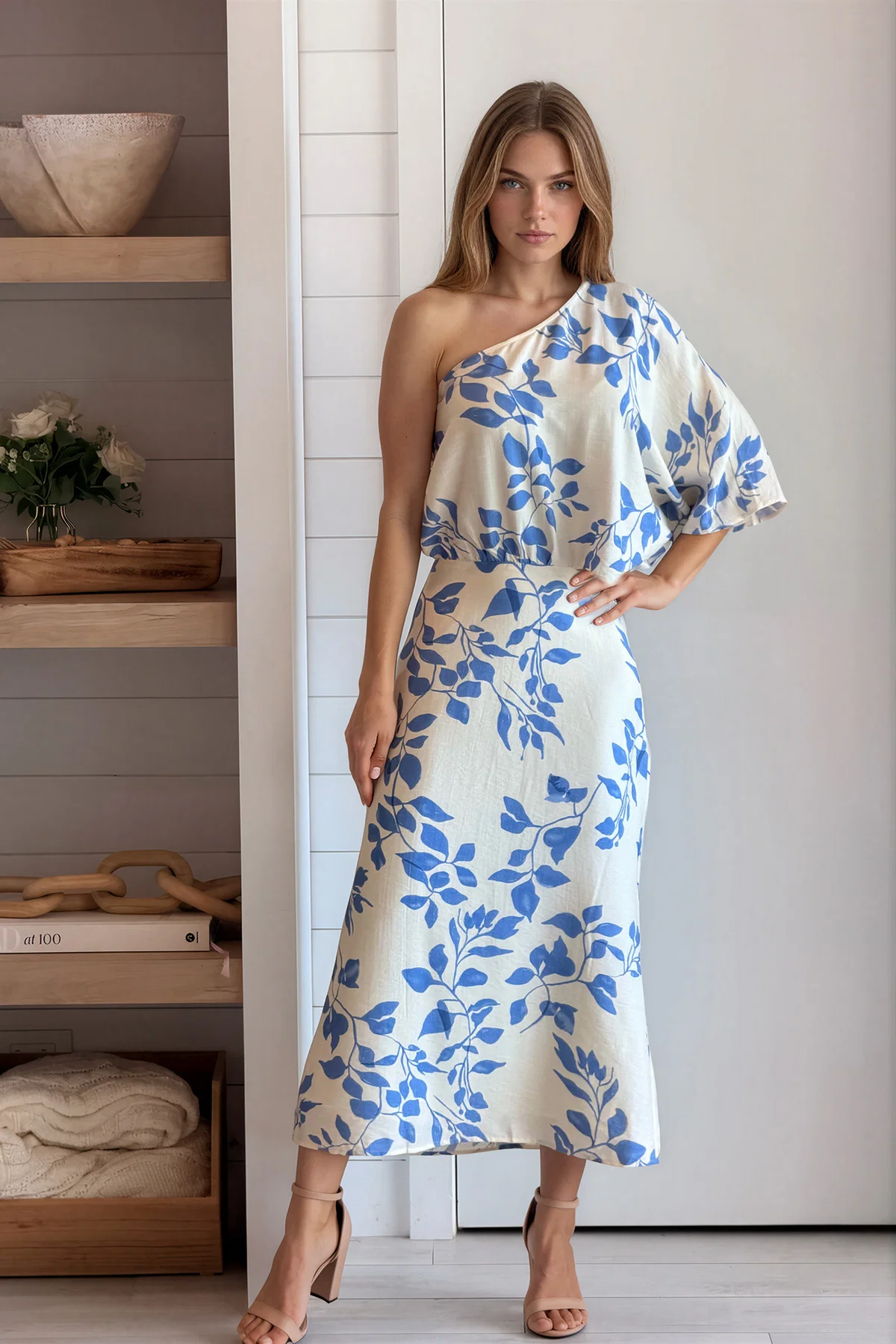 Blue Printed One Shoulder Midi Dress (Talla S) thumbnail