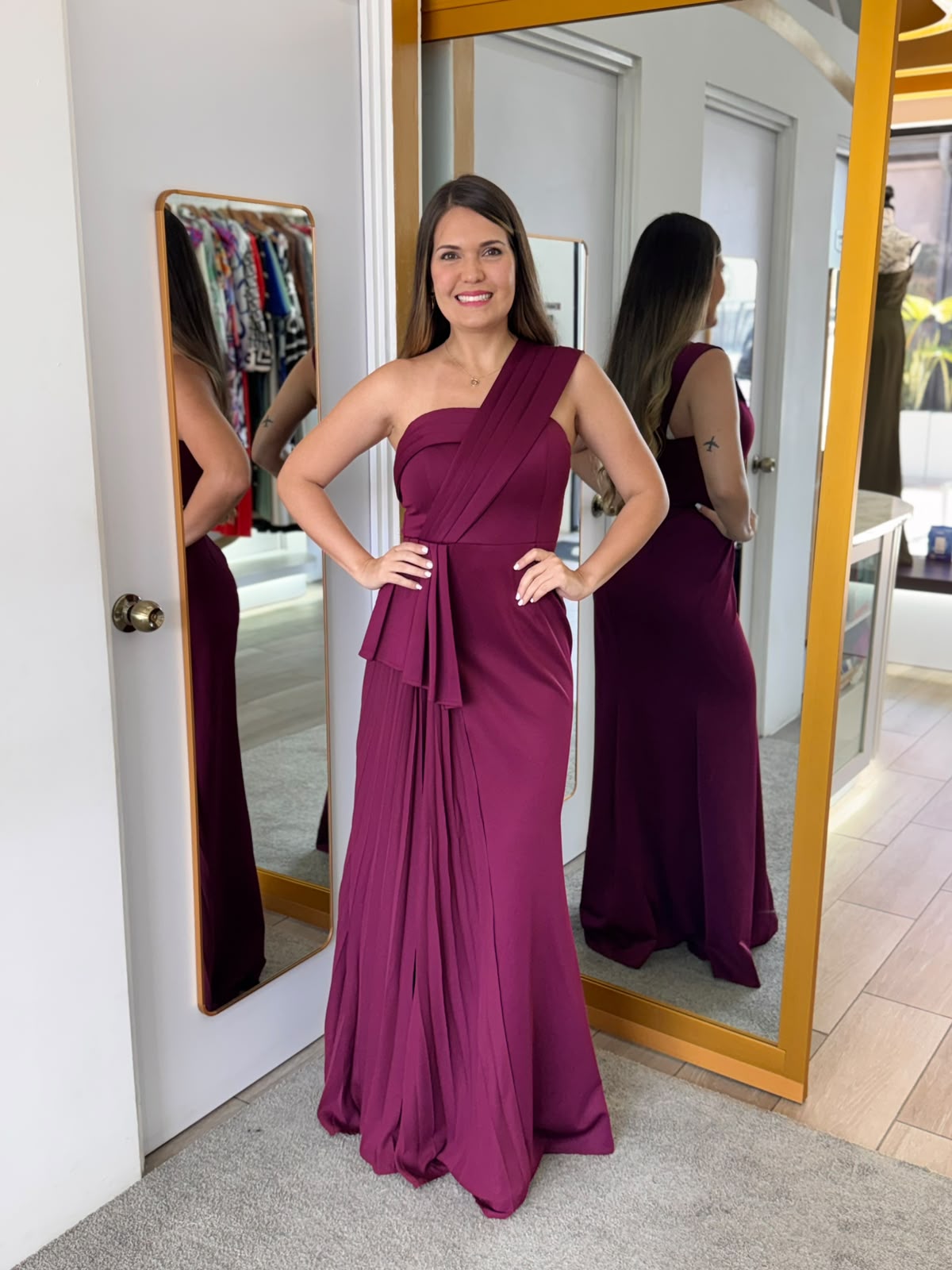 Wine One Shoulder Pleated Ruffle Maxi Dress (Talla L)