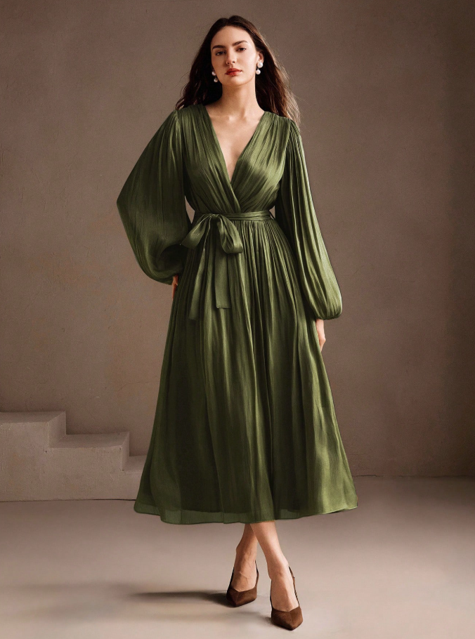 Lined Green Solid Color Elegant Midi Dress (Talla XL)