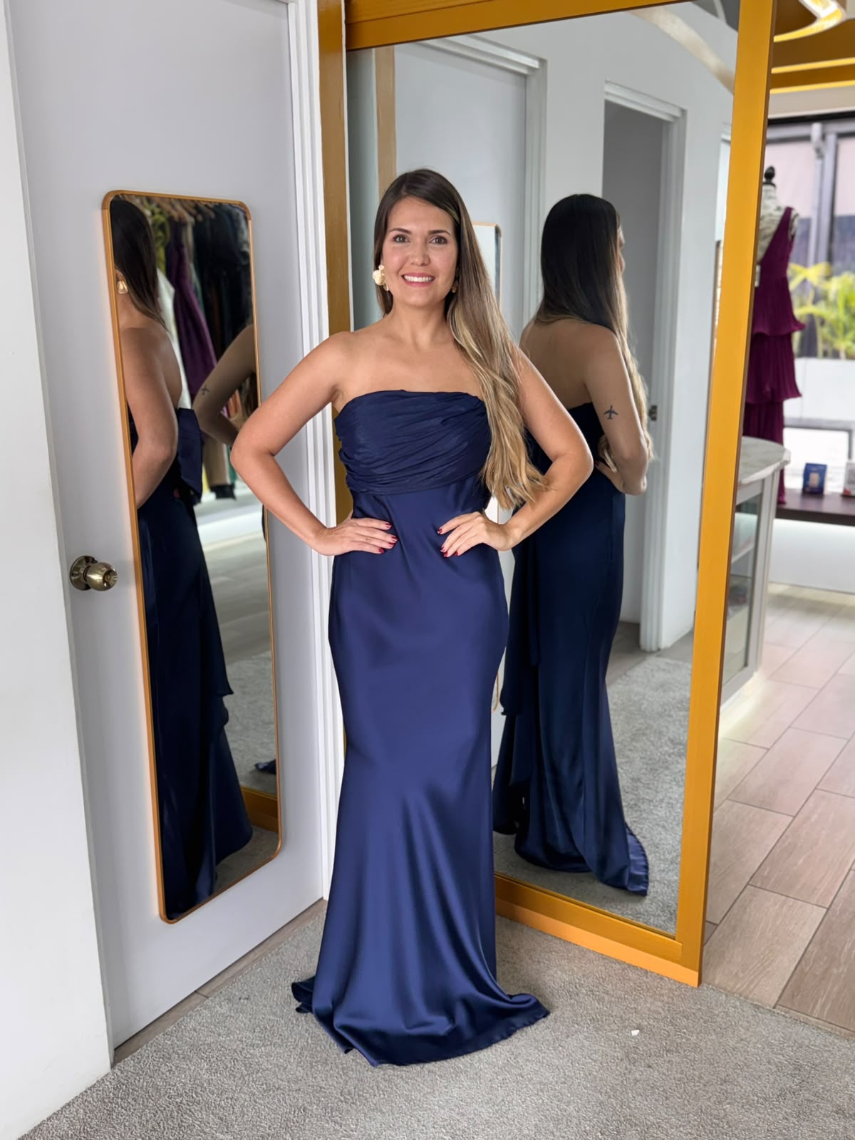 Navy Strapless Satin Maxi Dress (Talla L)