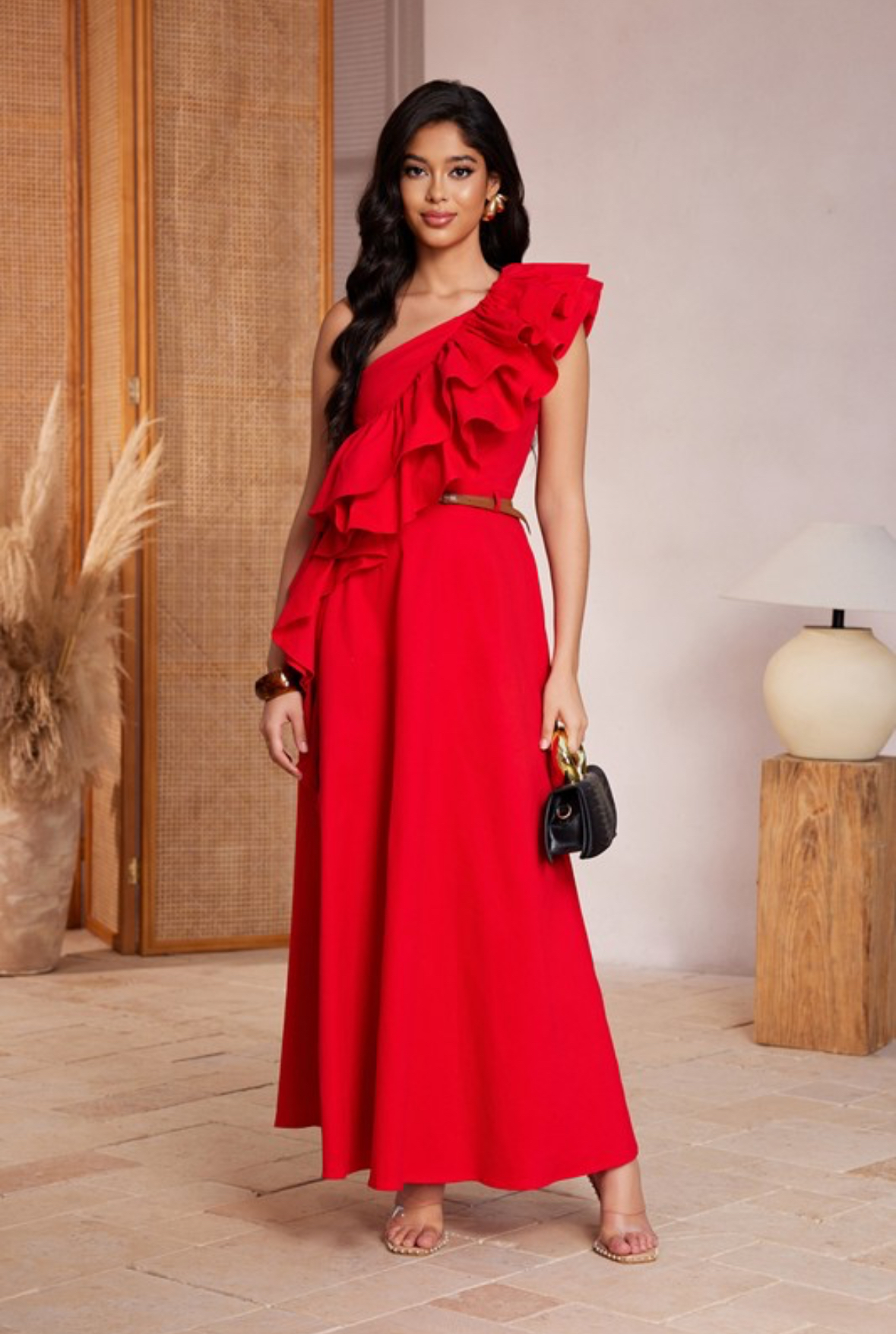 Red Solid color mid length dress with one shoulder sleeve (Talla M) thumbnail