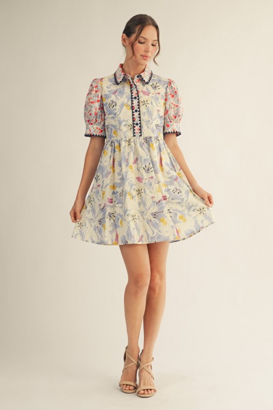 Beige Scallop Embroidery Detail Floral Mix Match Dress (Talla M) thumbnail