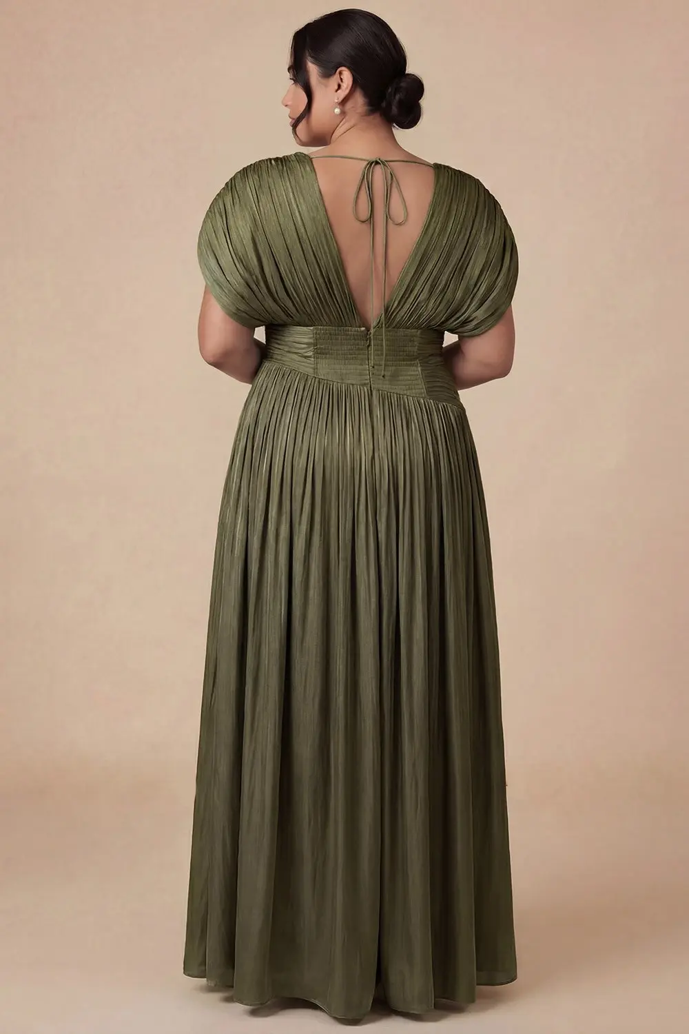 Olive Elegant Pleated Maxi Dress (Talla 1XL) thumbnail