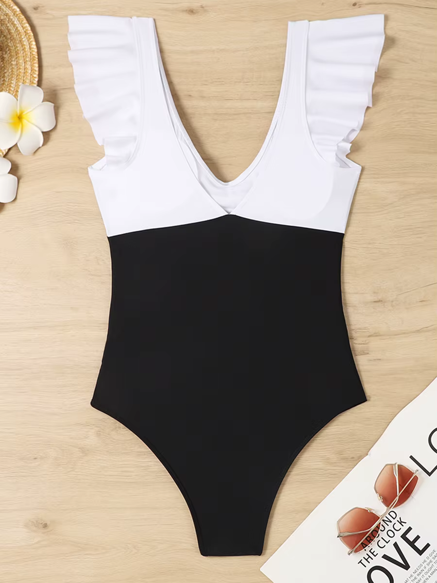 Black & White Solid Ruffle Swimwear (Talla M) thumbnail