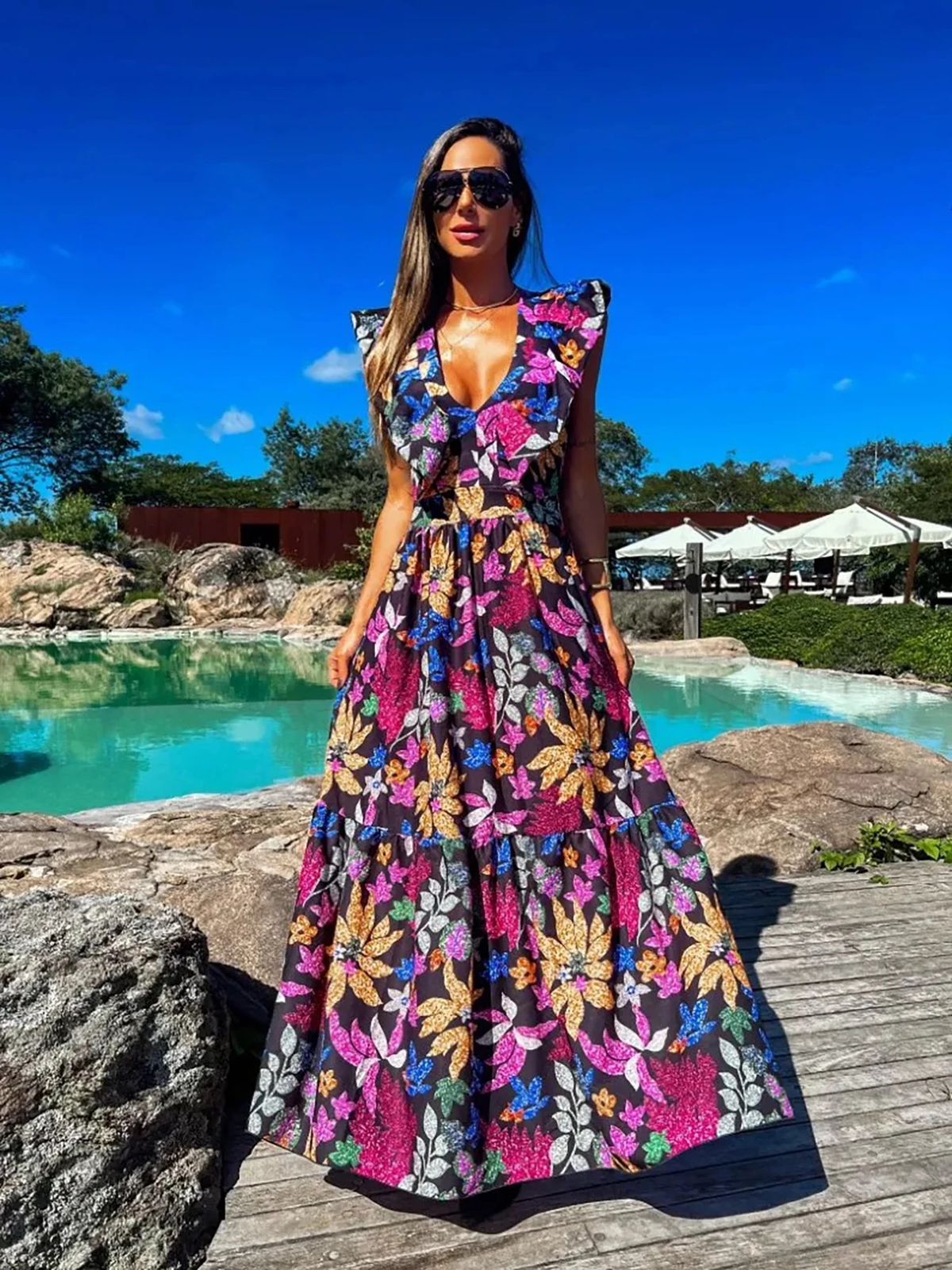 Floral Neck One Piece Dress Strappy Backless Dress (Talla S)