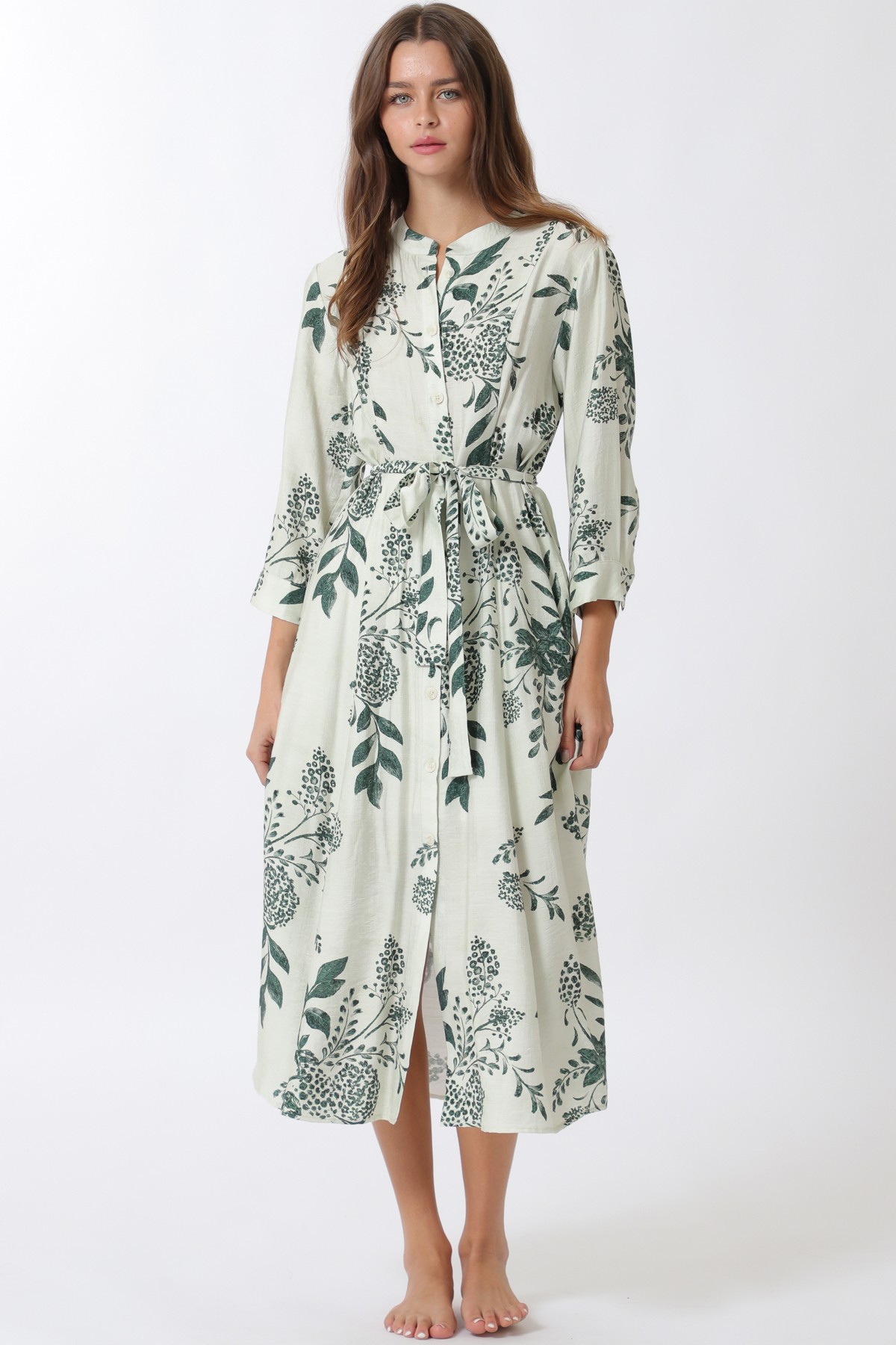 Beige 3/4 Sleeve Button Down Belted Midi Dress (Talla S) thumbnail