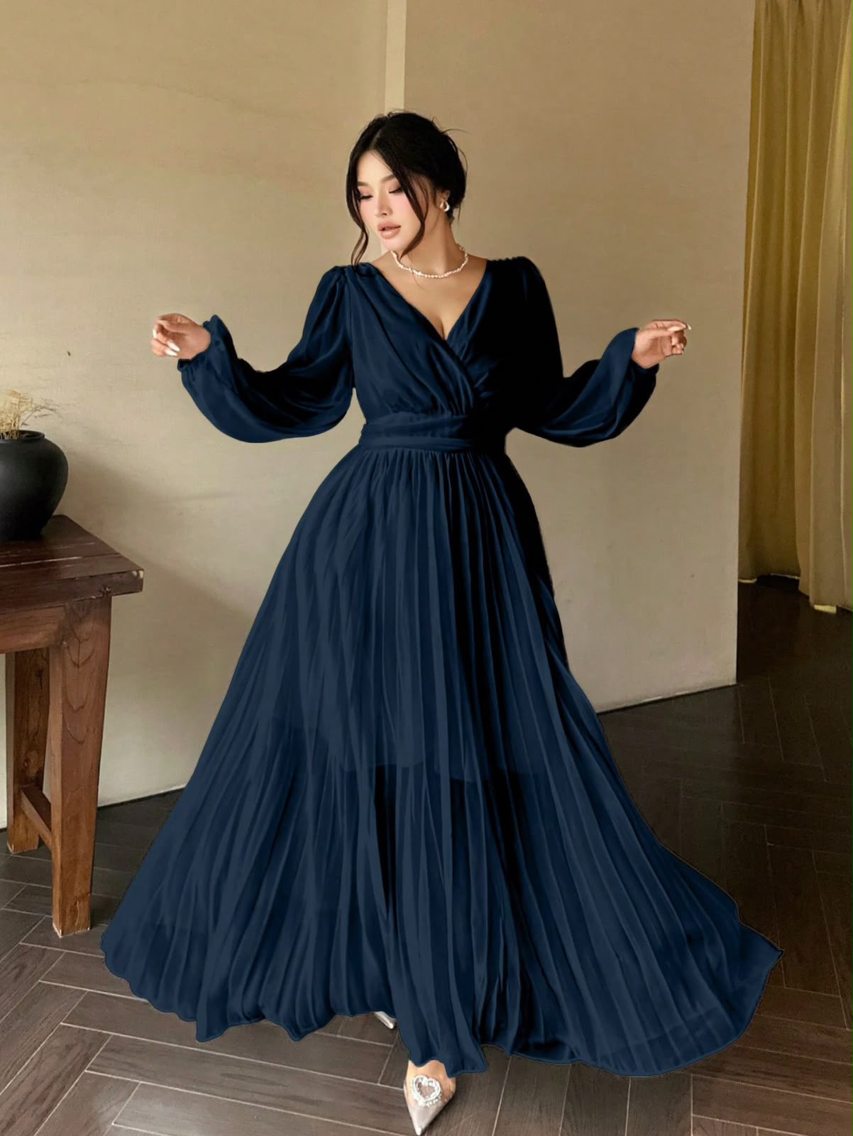 Navy Blue Flowy Elegant Dress (Talla XL)