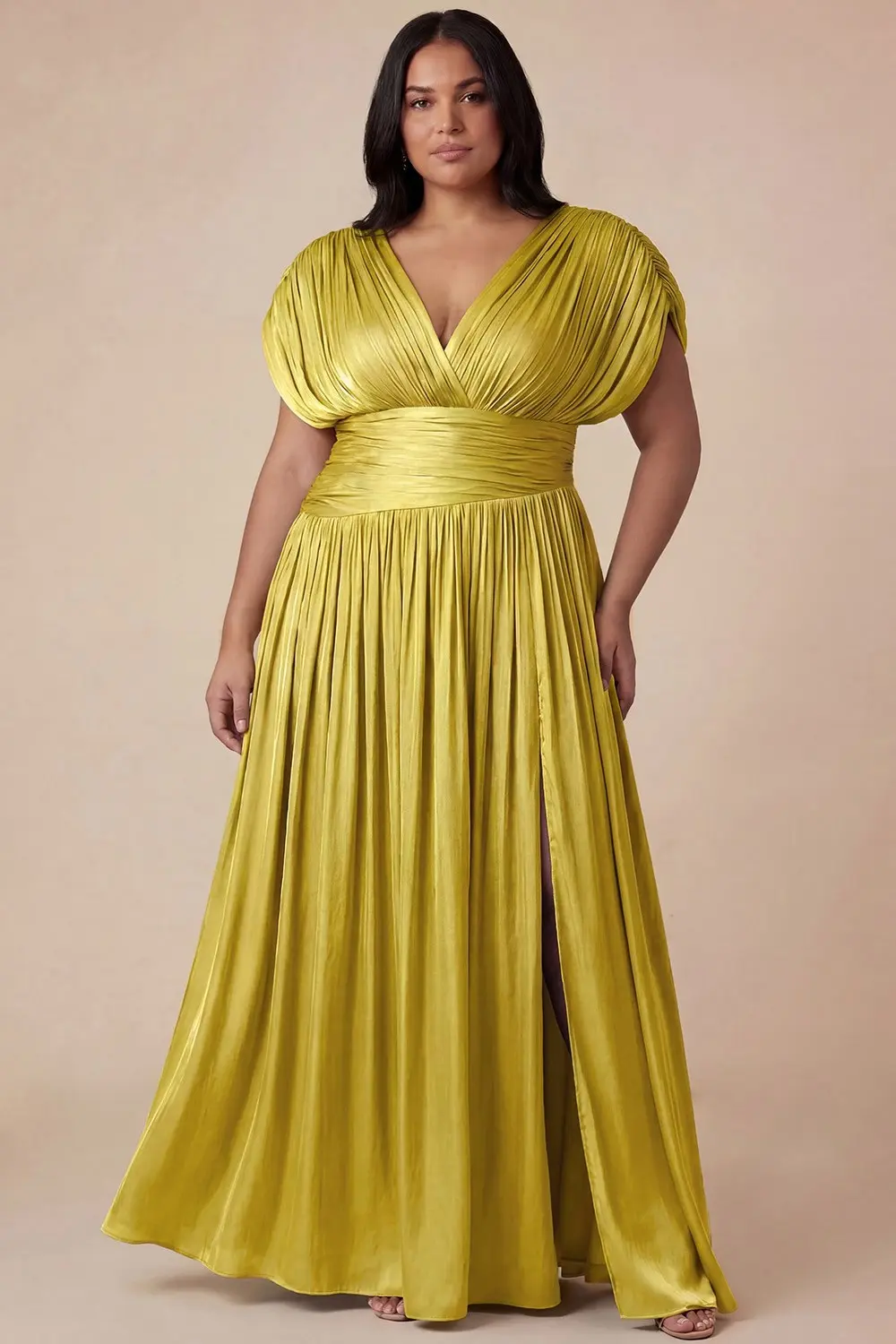Plus Size Chartreuse Pleated Maxi Dress with Cap Sleeves (Talla 1XL)