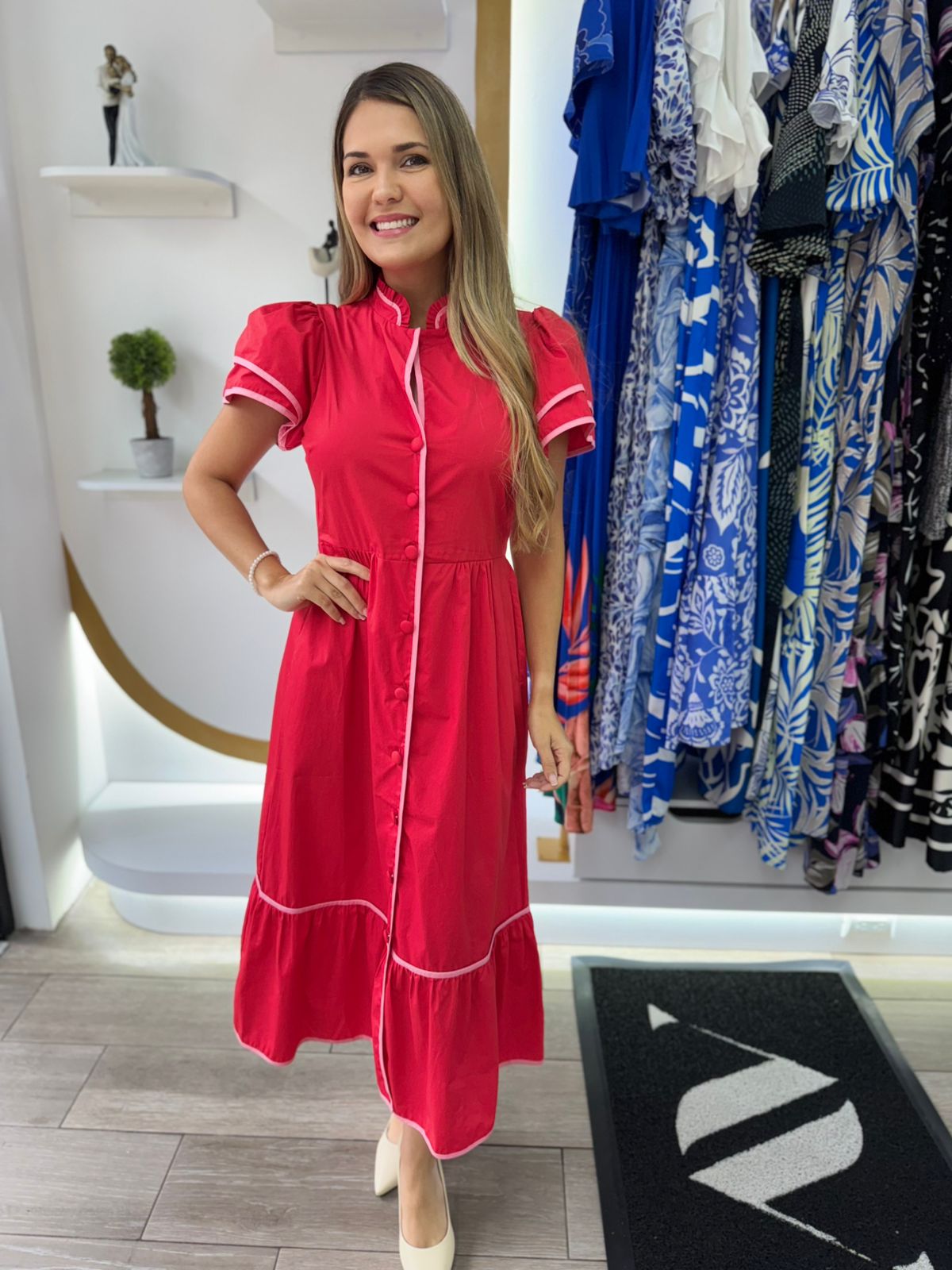 Red Davie Button Down Midi Dress (Talla XL)
