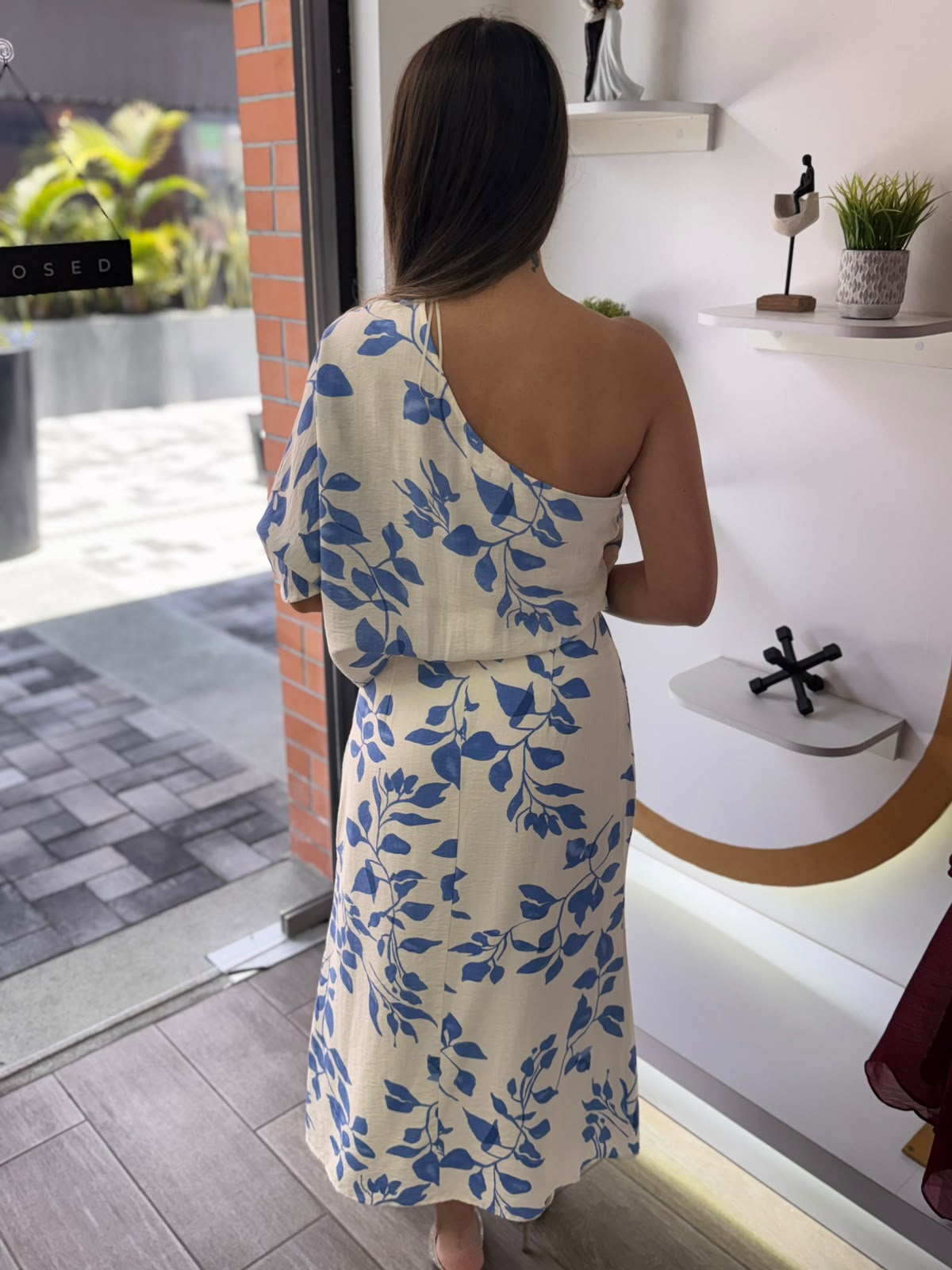 Blue Printed One Shoulder Midi Dress (Talla M) thumbnail