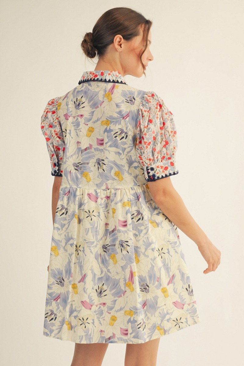 Beige Scallop Embroidery Detail Floral Mix Match Dress (Talla L) thumbnail