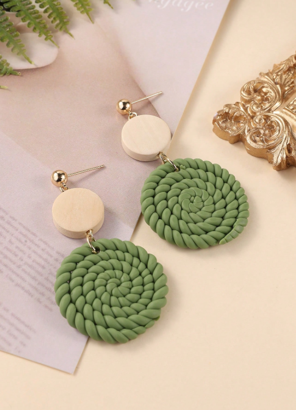 Army Green Round Wood Earrings thumbnail