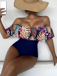 Tropical Print Ruffle Trim One Piece Swimsuit (Talla S)