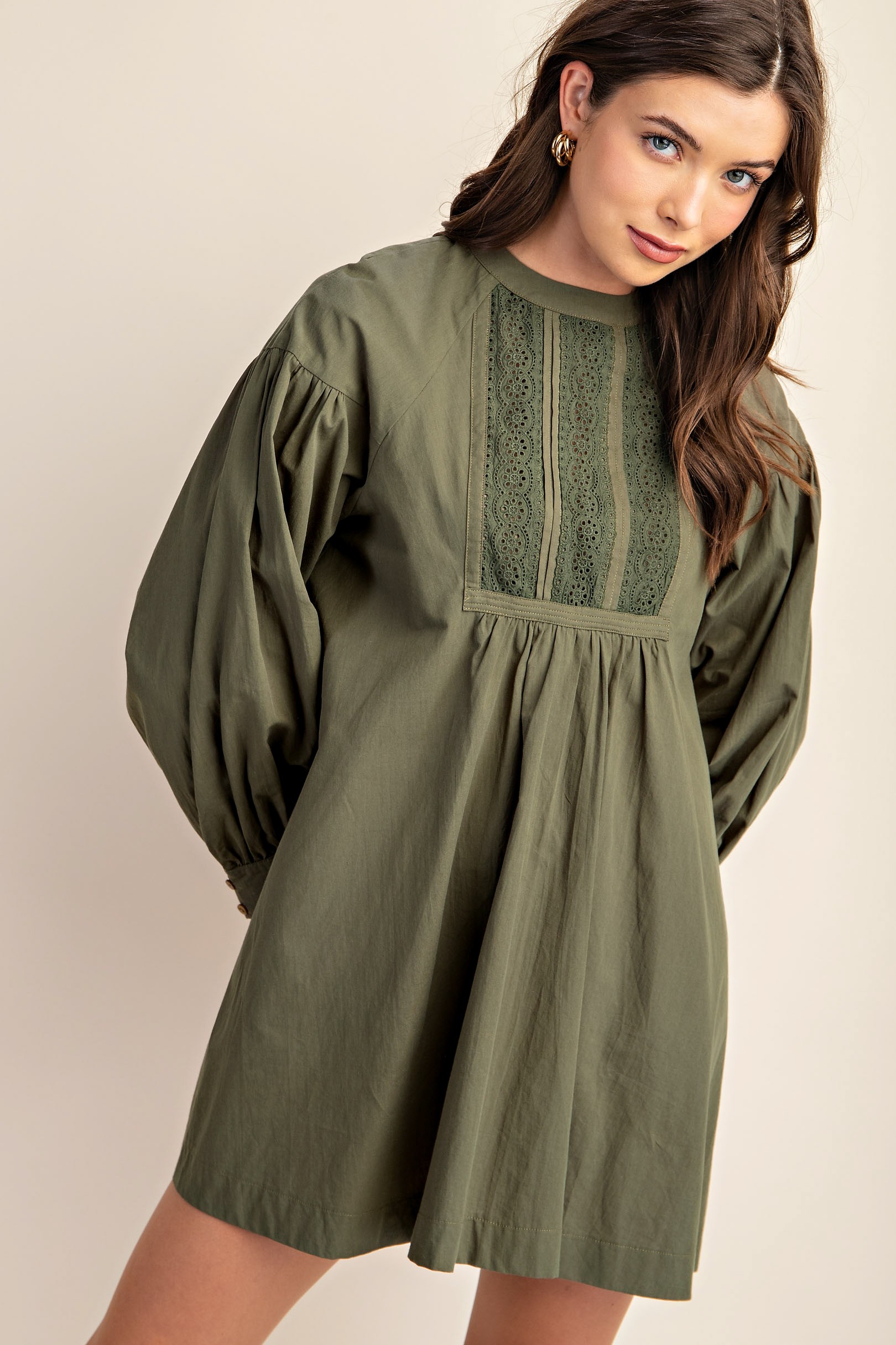 Olive Long Sleeve Mini Dress with Lace (Talla M) thumbnail