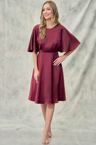 Wine Bell Sleeve Deep V Back Satin Dress (Talla S) thumbnail