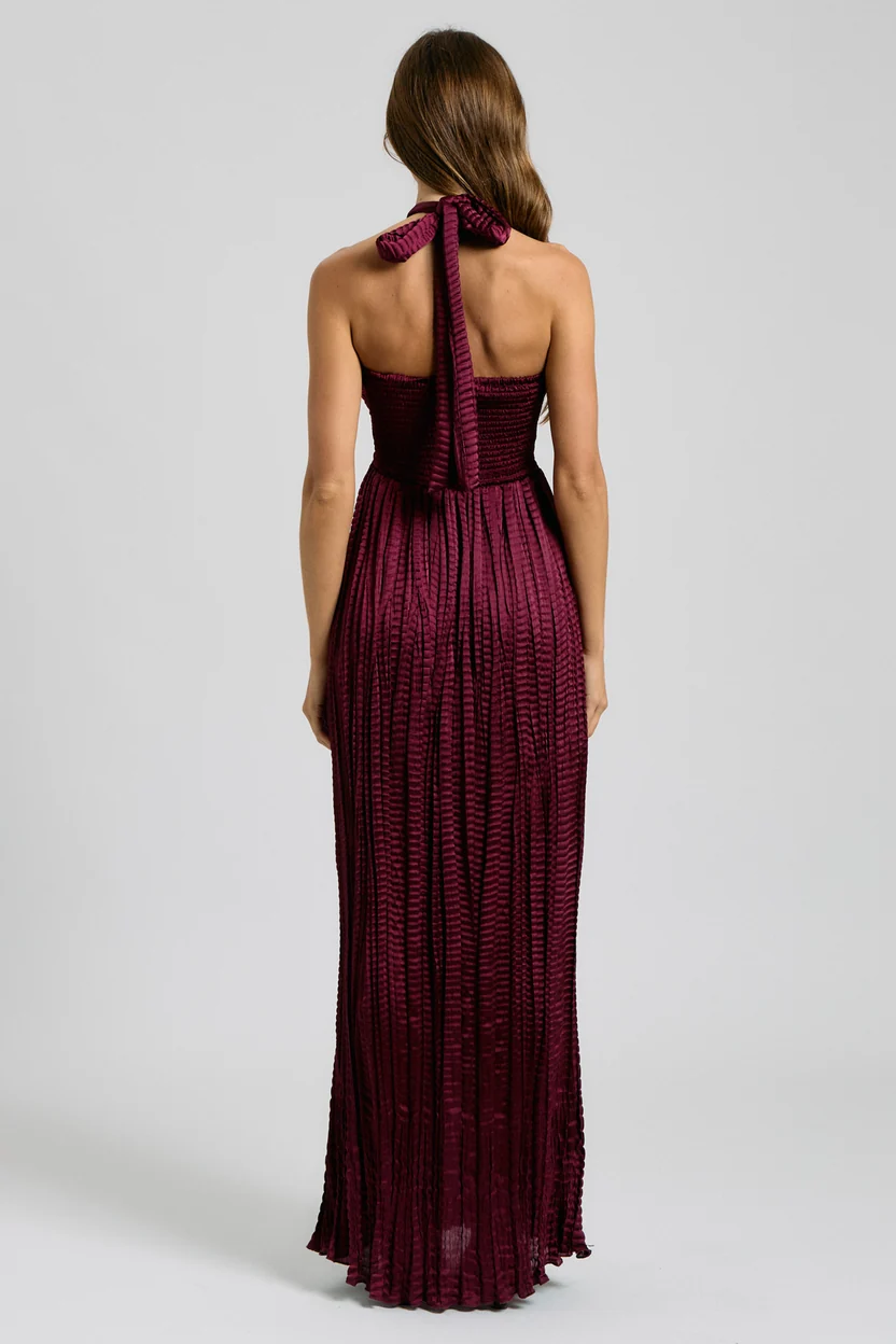 Wine Crinkle Pleated Halter Smocked Maxi Dress (Talla M) thumbnail