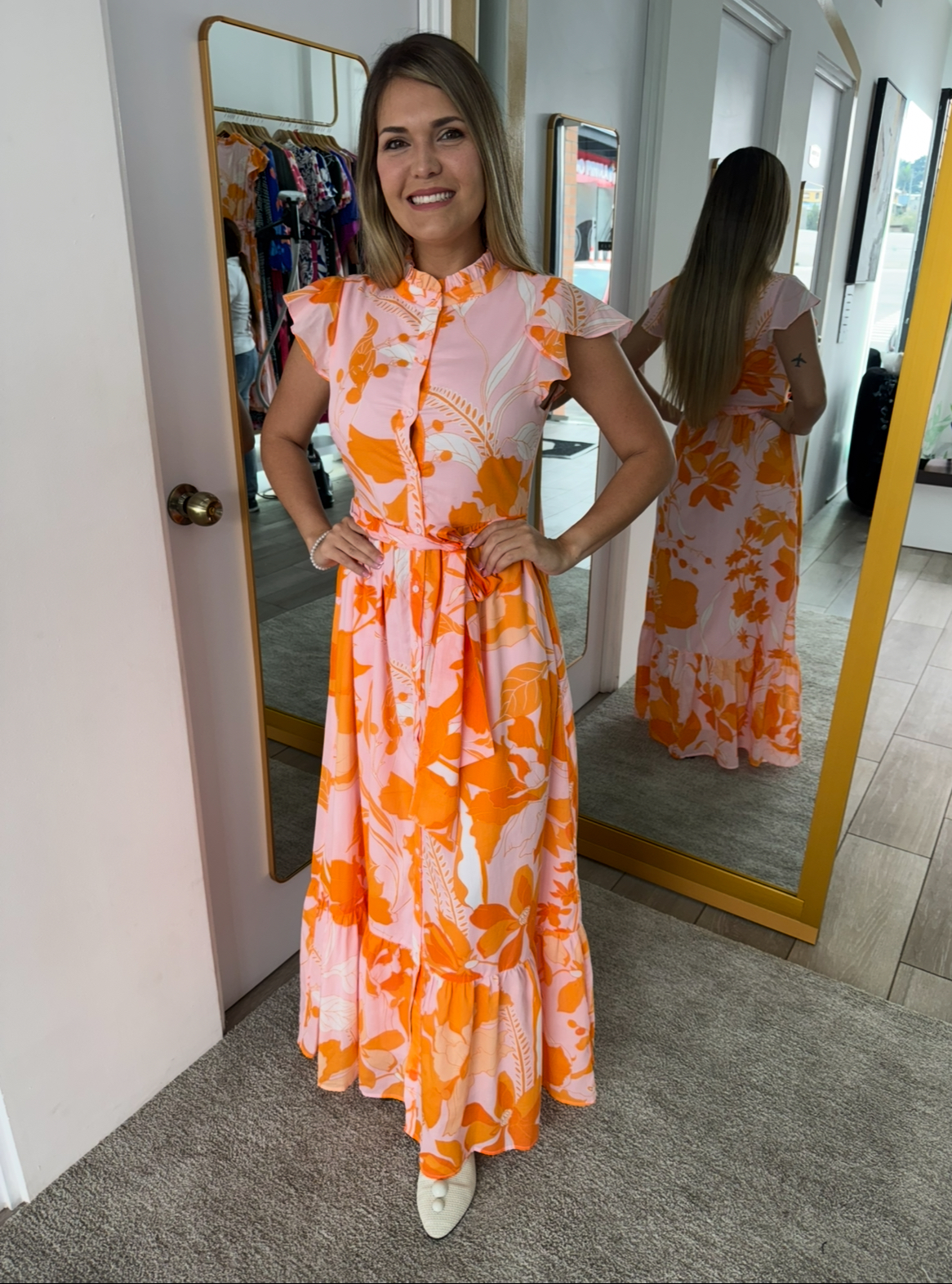 Lenira Pink Orange Button Down Maxi Dress (Talla S) thumbnail