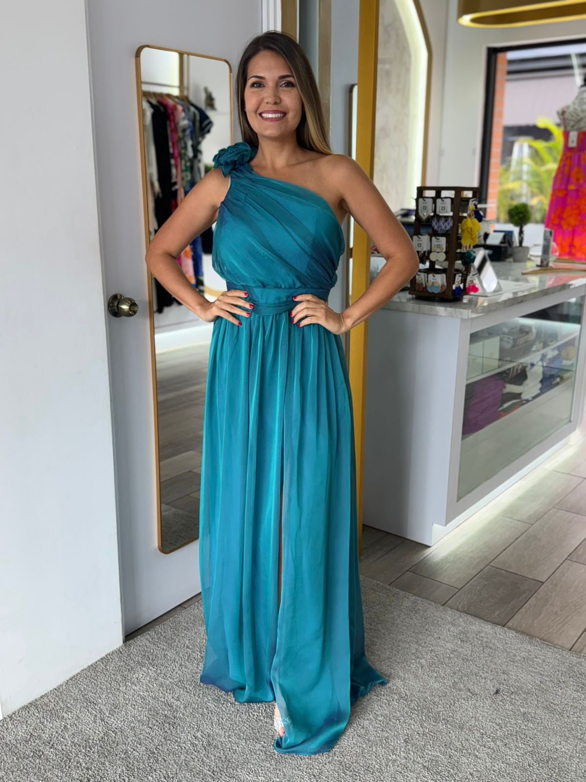 Teal On SHoulder Maxi Dress (Talla S)