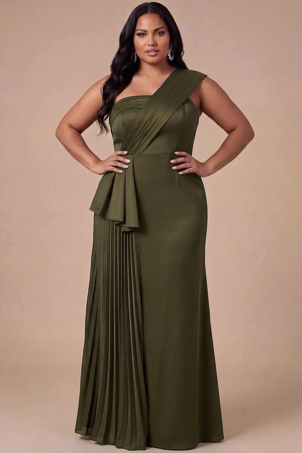 Olive Plus Size One Shoulder Pleated Maxi Dress (Talla XL)