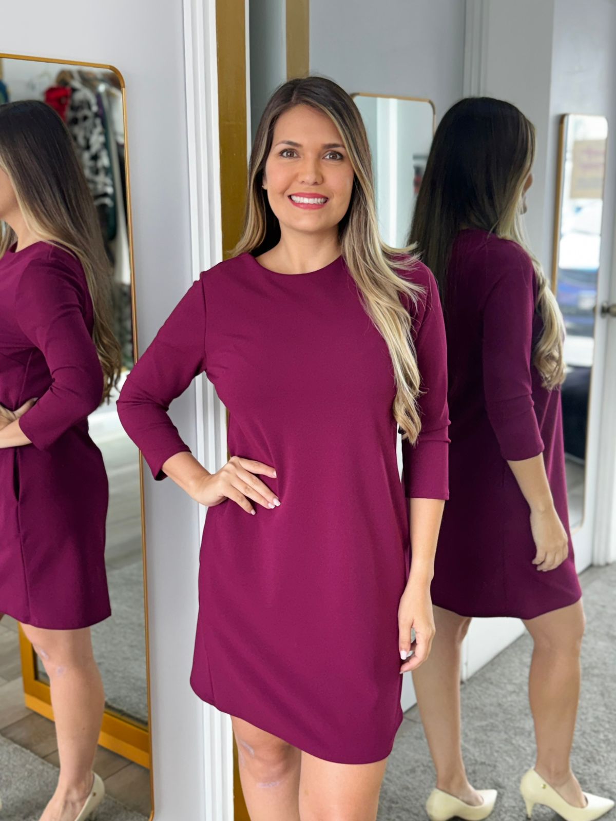 Wine Solid shift dress 3/4 sleeve (Talla S)
