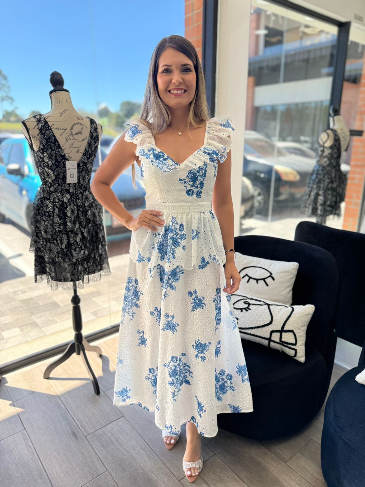 White & Navy Day Dress (Talla L)