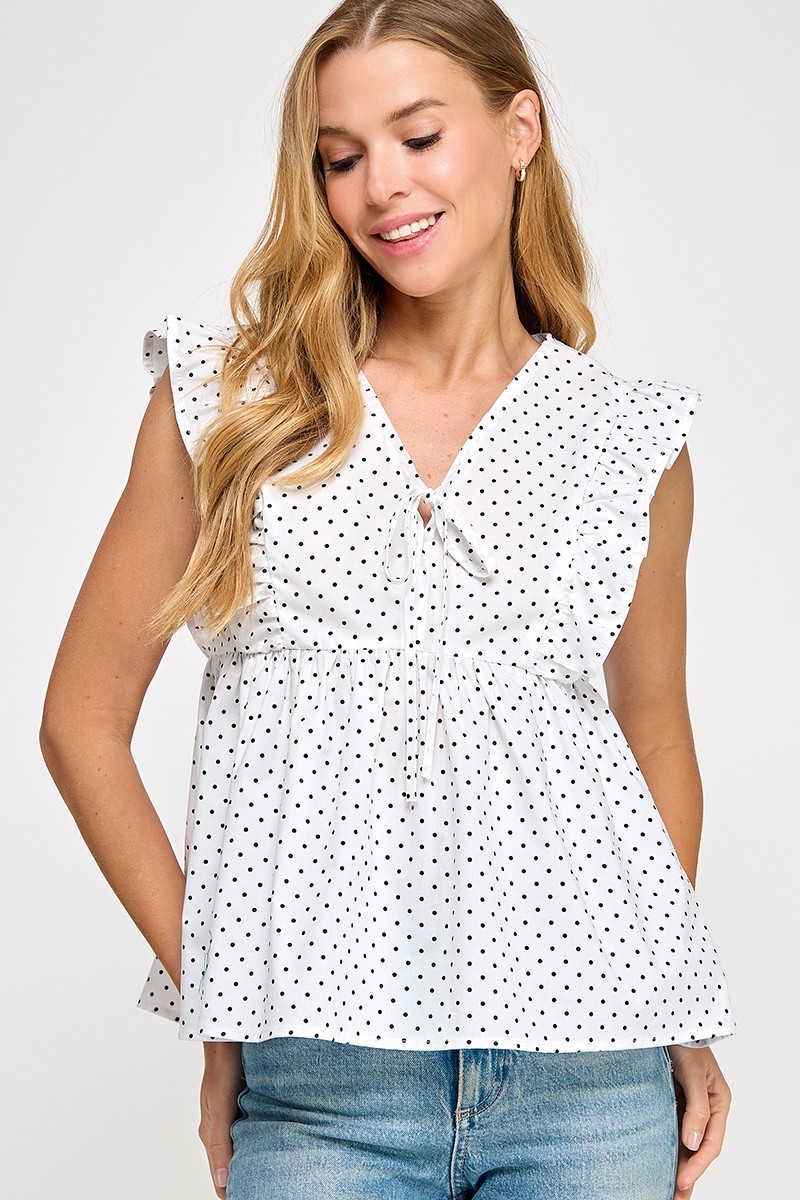 White Dotted Cotton poplin top V neckline (Talla L)