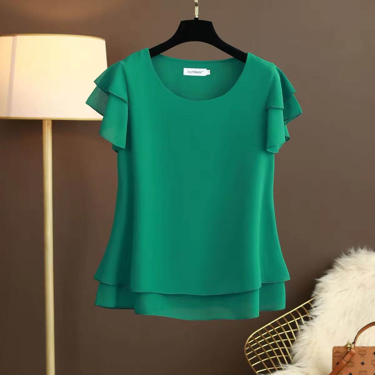 Grass Green Blouse Loose O-Neck Chiffon (Talla M)