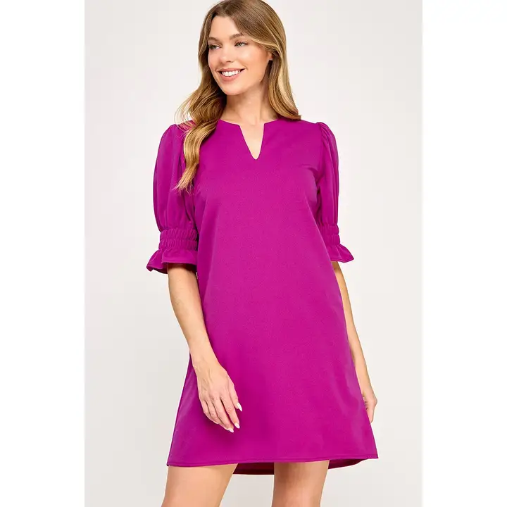 Magenta Solid Shift Dress V slash neckline (Talla L) thumbnail