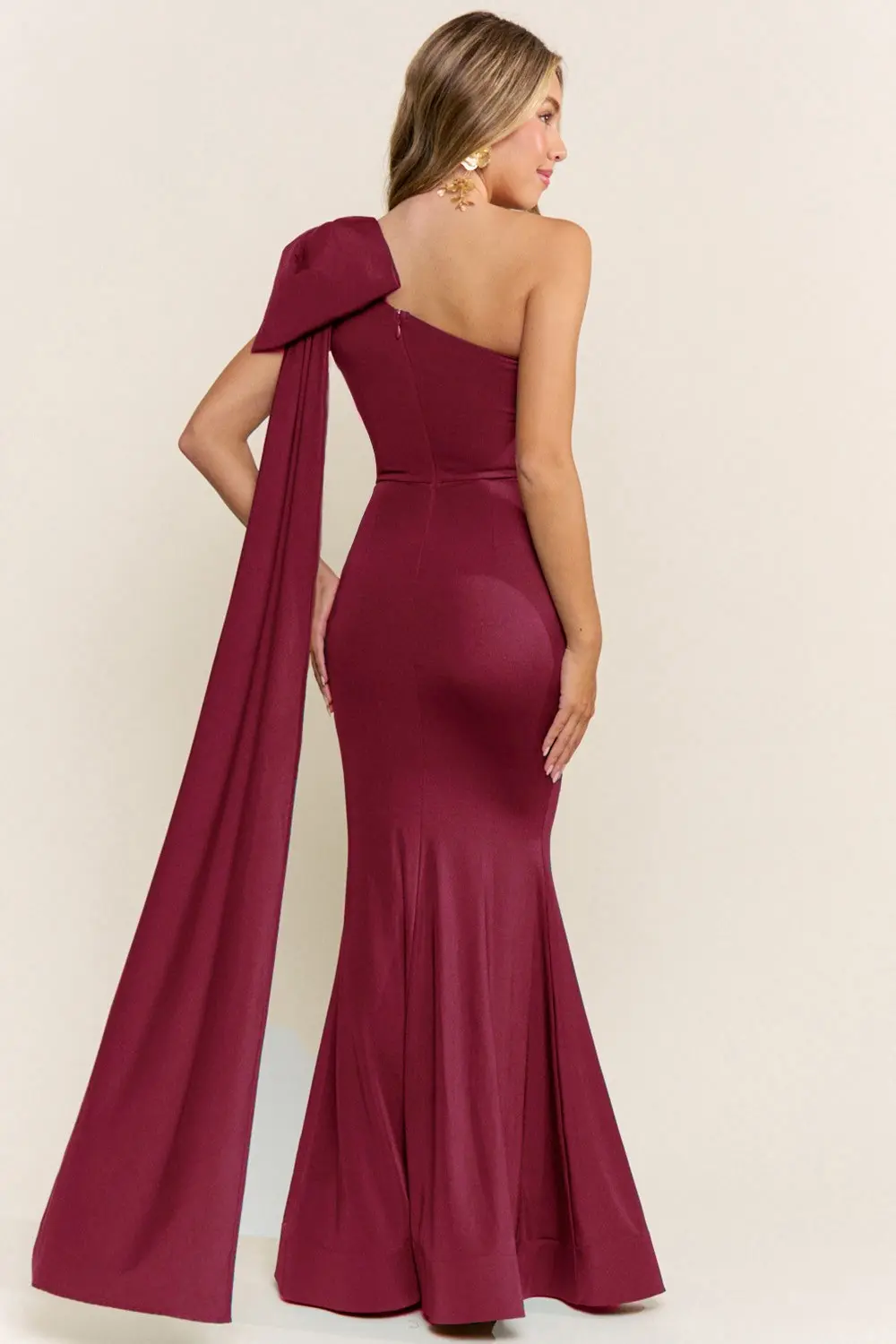 Wine One Shoulder Bow Maxi Dress (Talla M) thumbnail